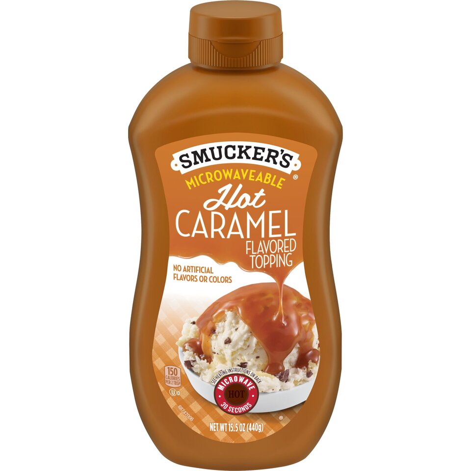 Microwavable Hot Caramel Topping front center with packaging