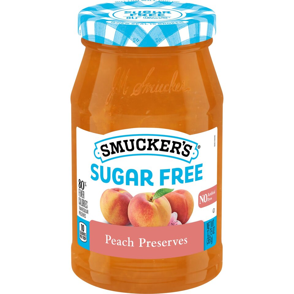 Sugar Free Peach Preserves front center with packaging