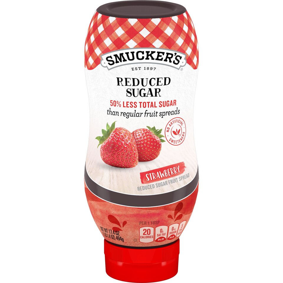 Smucker's® Reduced Sugar Strawberry Squeezable Fruit Spread front center with packaging
