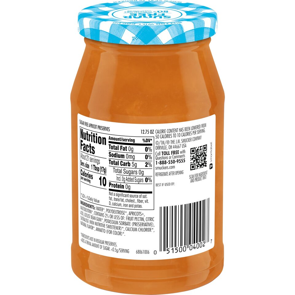 Sugar Free Apricot Preserves back center with packaging