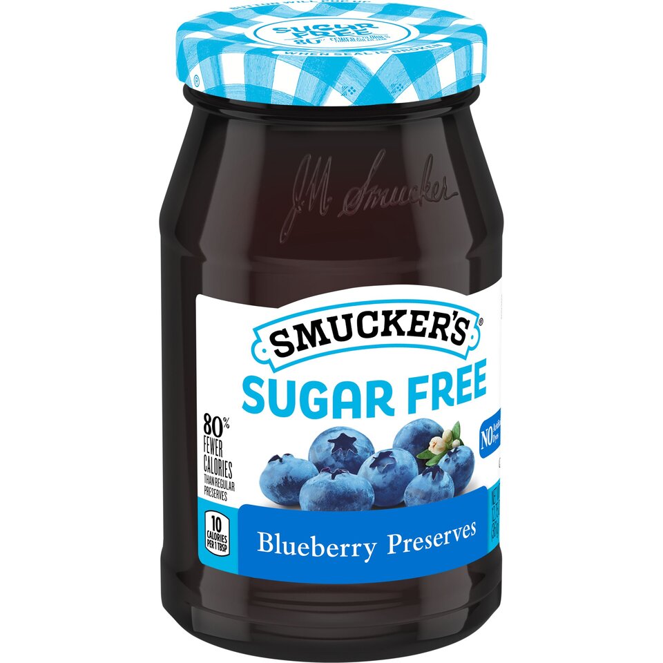 Sugar Free Blueberry Preserves front left with packaging