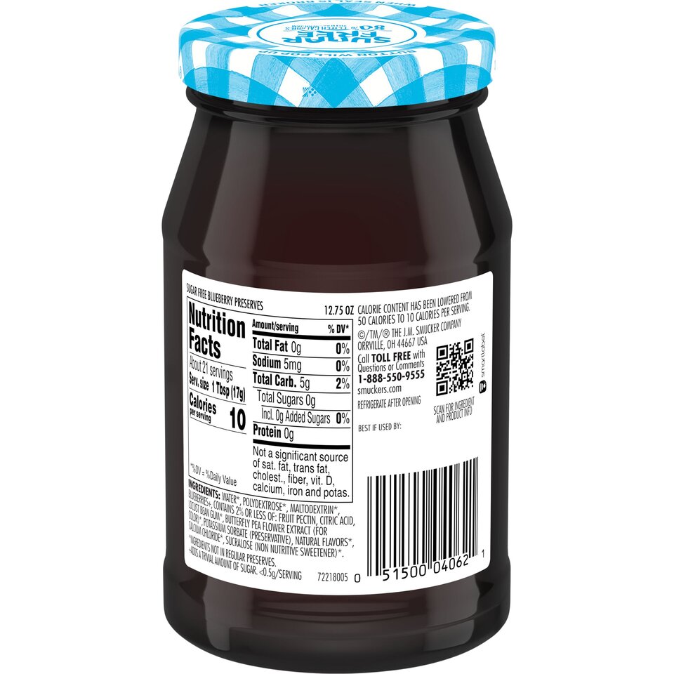Sugar Free Blueberry Preserves back center with packaging