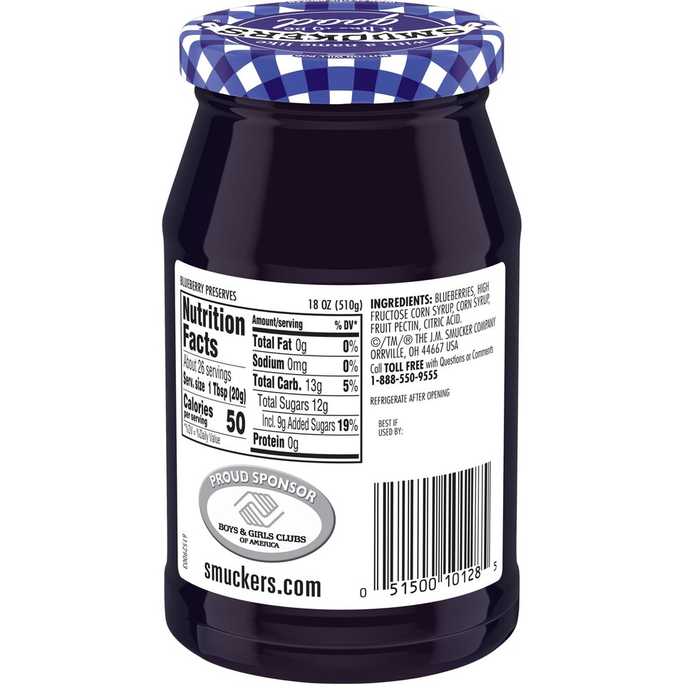 Blueberry Preserves back center with packaging