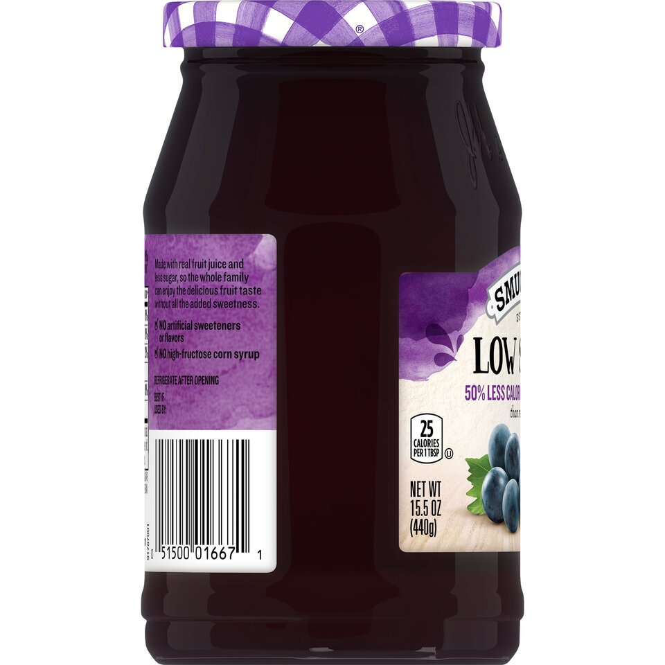 Low Sugar™ Reduced Sugar Concord Grape Jelly left with packaging