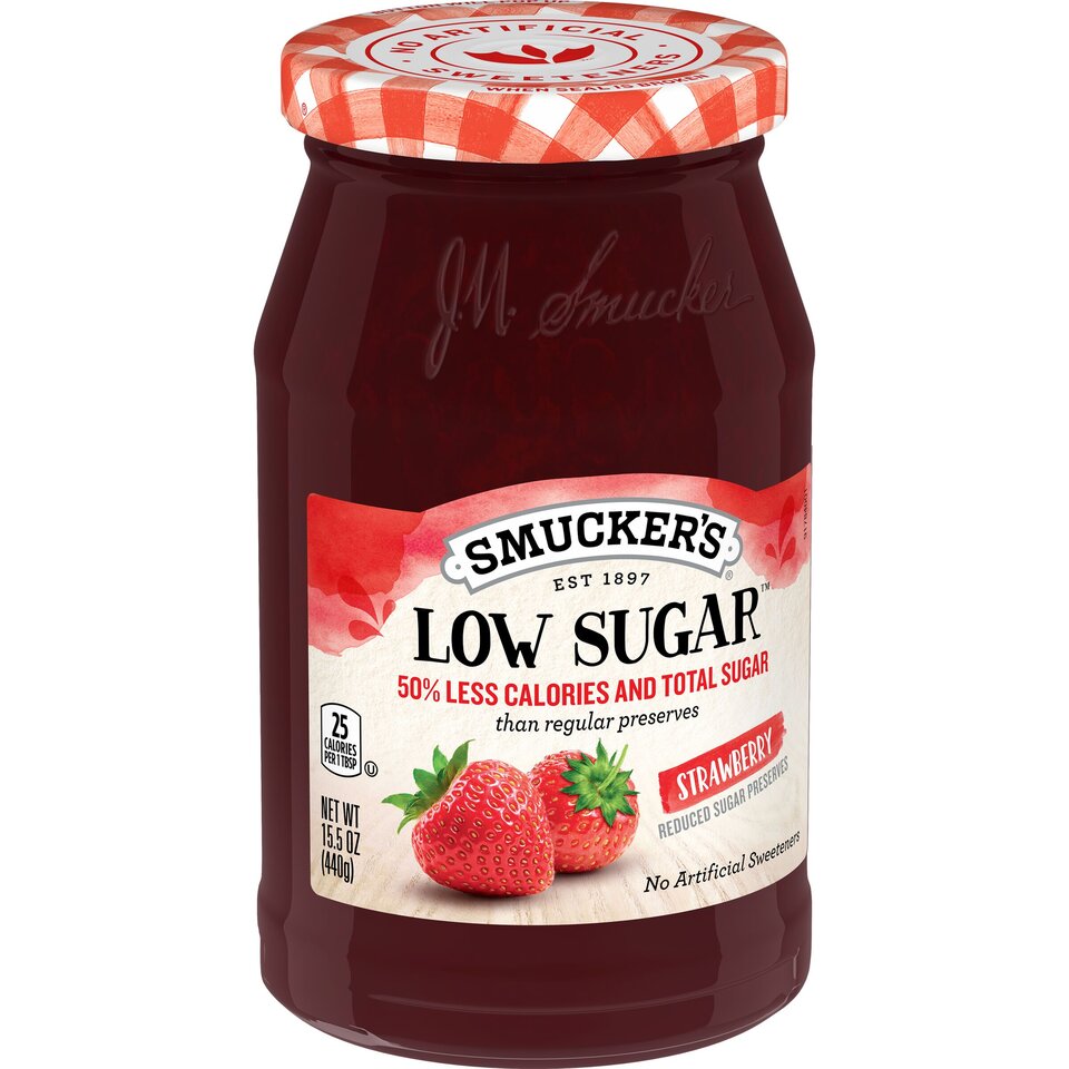 Low Sugar™ Reduced Sugar Strawberry Preserves front left with packaging
