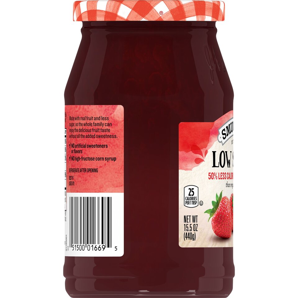 Low Sugar™ Reduced Sugar Strawberry Preserves left with packaging
