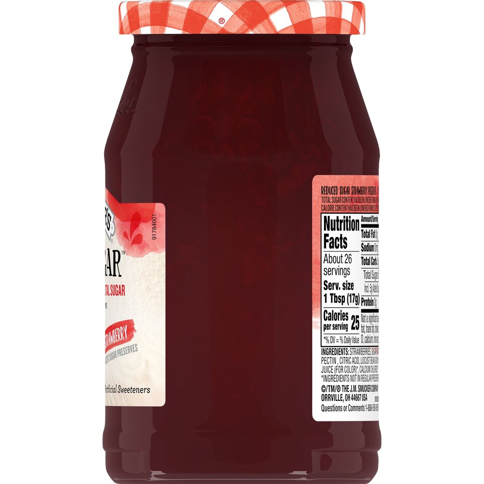 Low Sugar™ Reduced Sugar Strawberry Preserves right with packaging