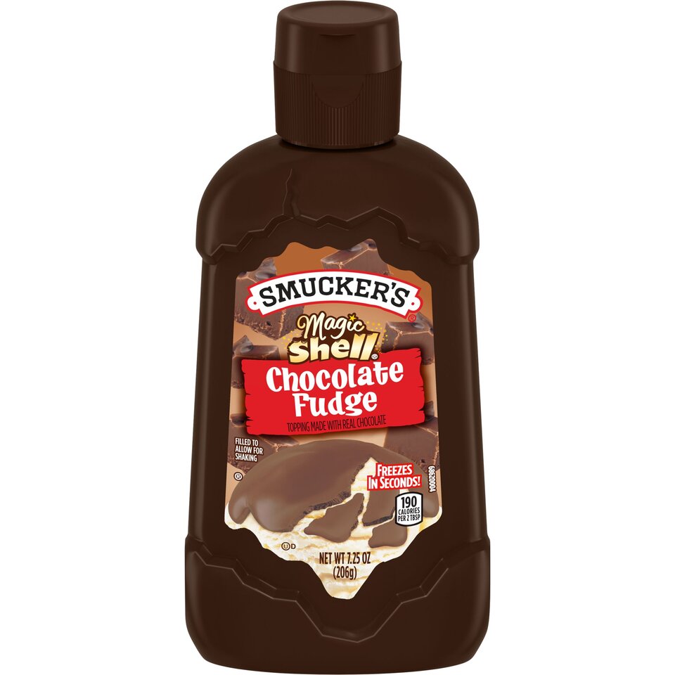 Magic Shell® Chocolate Fudge Flavored Topping front center with packaging