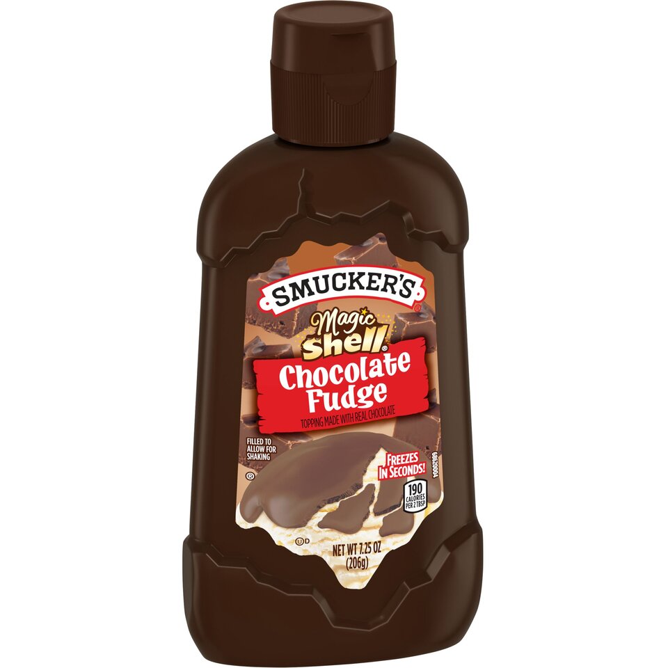 Magic Shell® Chocolate Fudge Flavored Topping front left with packaging