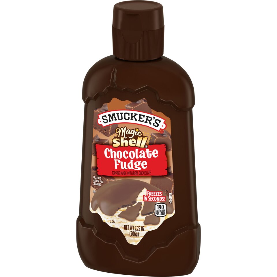 Magic Shell® Chocolate Fudge Flavored Topping front right with packaging