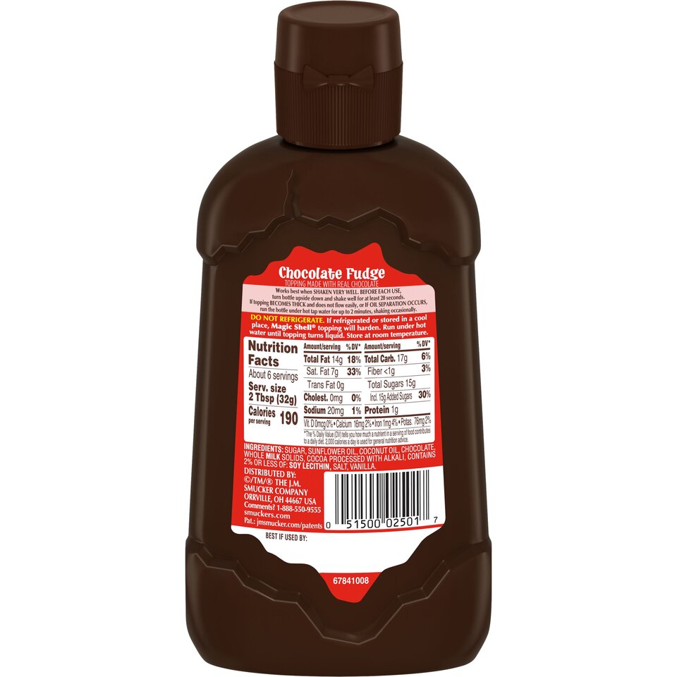 Magic Shell® Chocolate Fudge Flavored Topping back center with packaging