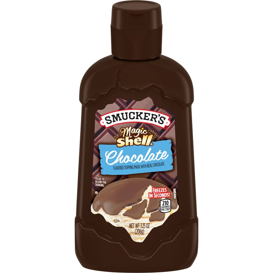 Magic Shell® Chocolate Flavored Topping front center with packaging