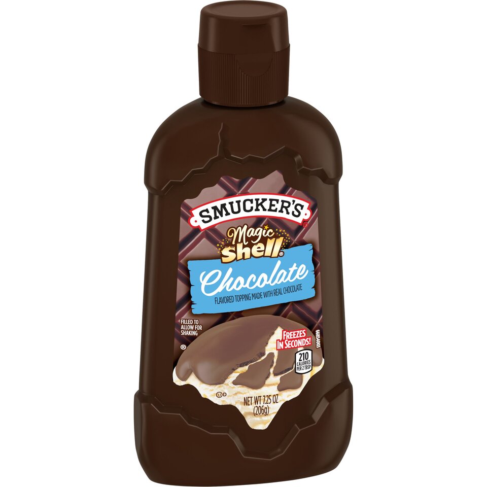 Magic Shell® Chocolate Flavored Topping front left with packaging