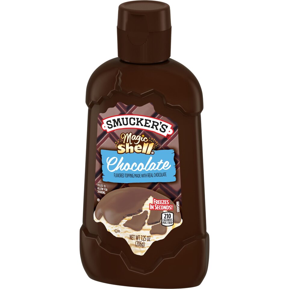 Magic Shell® Chocolate Flavored Topping front right with packaging