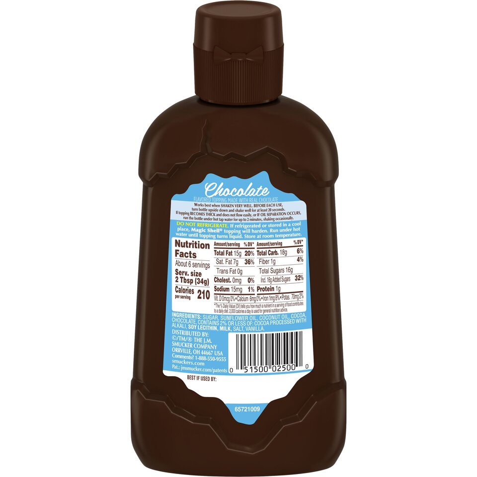 Magic Shell® Chocolate Flavored Topping back center with packaging