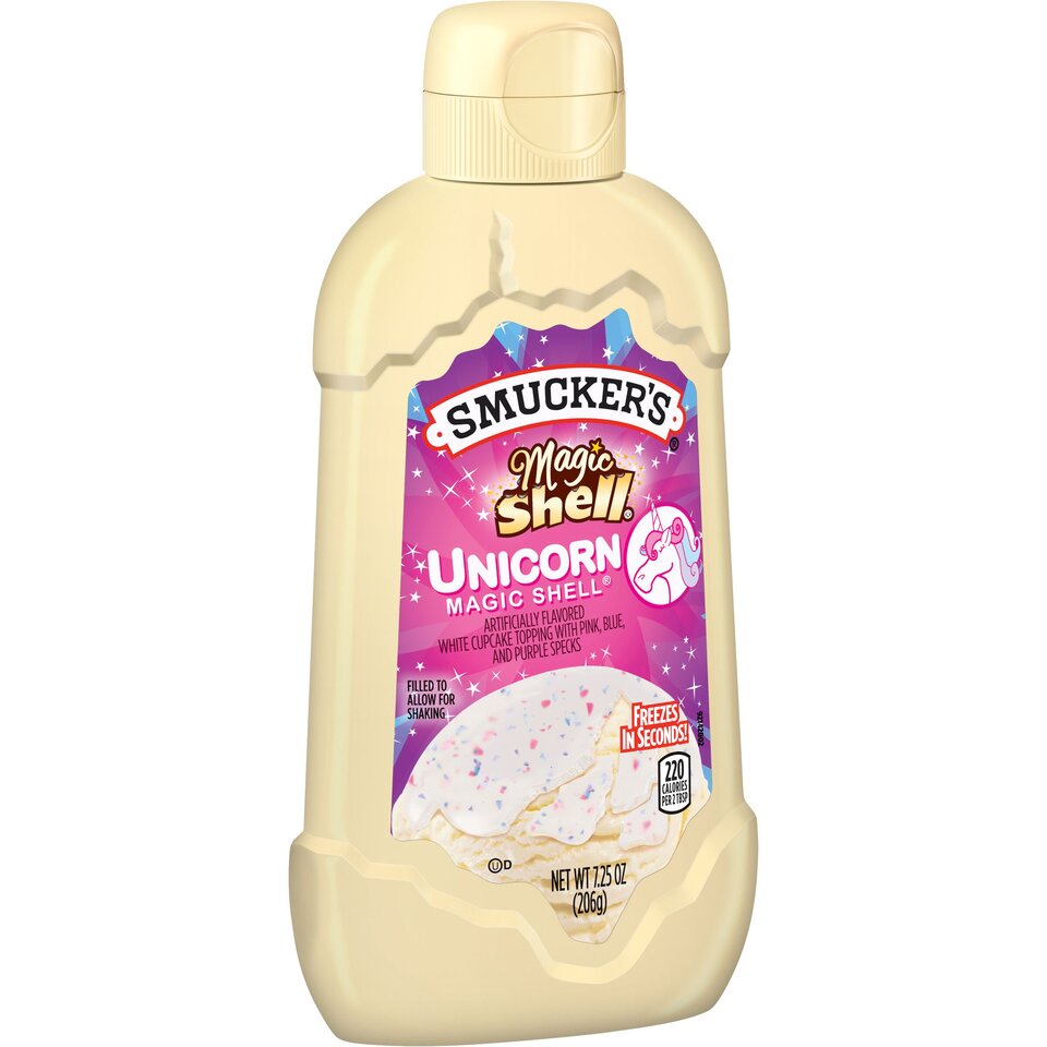 Smucker's® Unicorn Magic Shell® Ice Cream Topping front left with packaging