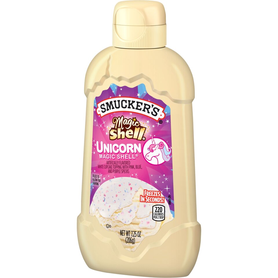 Smucker's® Unicorn Magic Shell® Ice Cream Topping front right with packaging