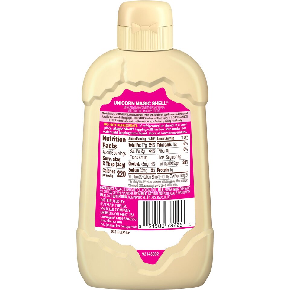 Smucker's® Unicorn Magic Shell® Ice Cream Topping back center with packaging