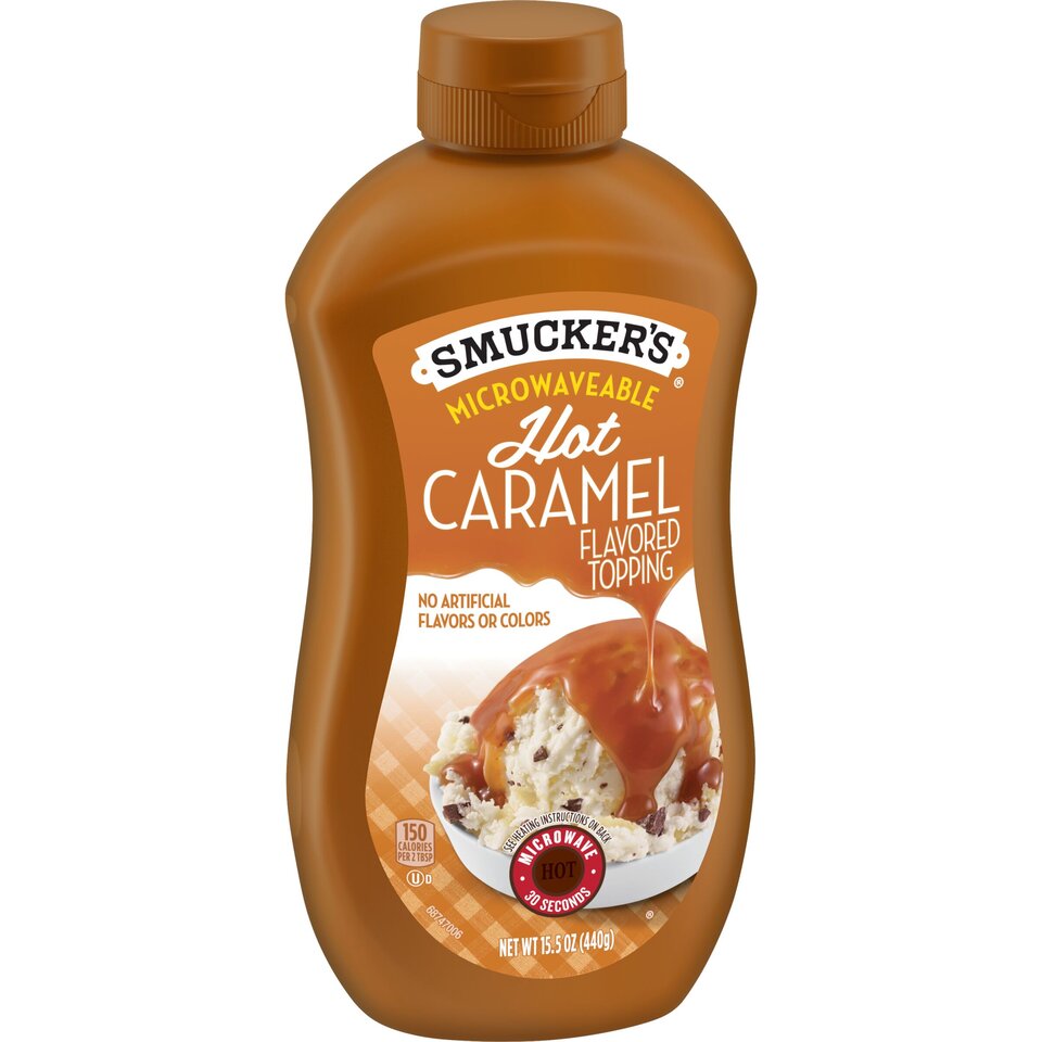 Microwavable Hot Caramel Topping front left with packaging