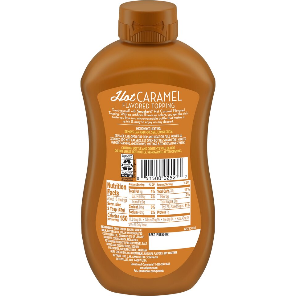 Microwavable Hot Caramel Topping back center with packaging