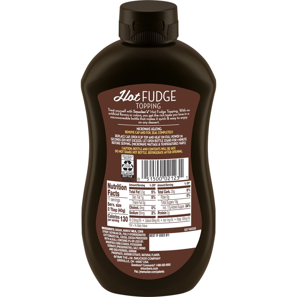 Microwavable Hot Fudge Topping back center with packaging