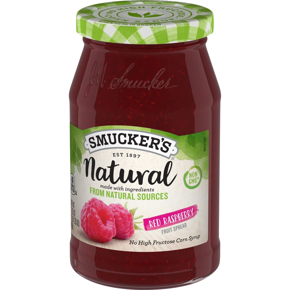 Natural Red Raspberry Fruit Spread front right with packaging