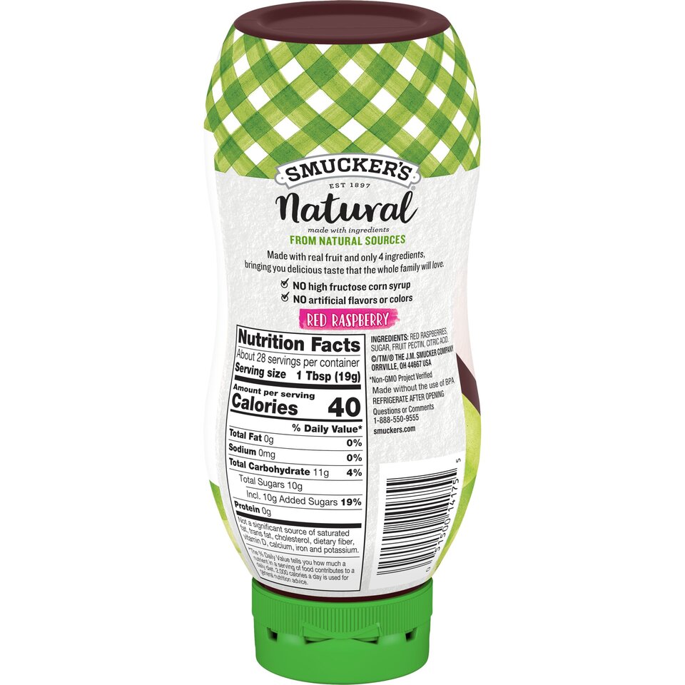 Smucker's® Natural Red Raspberry Squeezable Fruit Spread back center with packaging