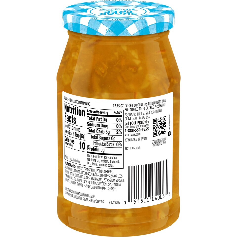 Sugar Free Orange Marmalade back center with packaging