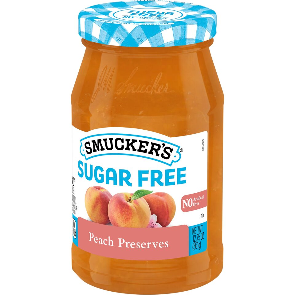 Sugar Free Peach Preserves front right with packaging