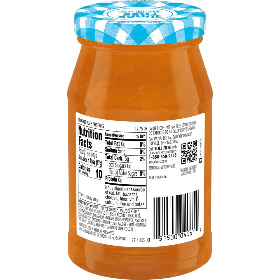 Sugar Free Peach Preserves back center with packaging