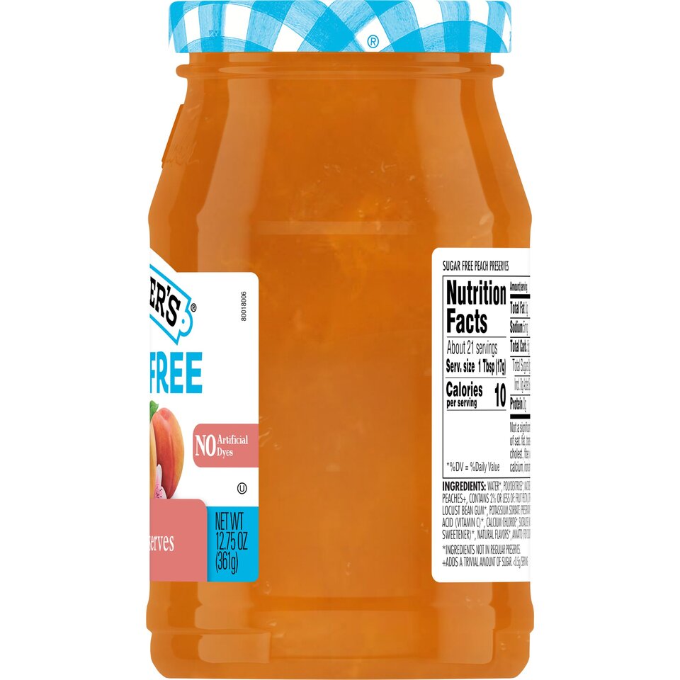 Sugar Free Peach Preserves right with packaging