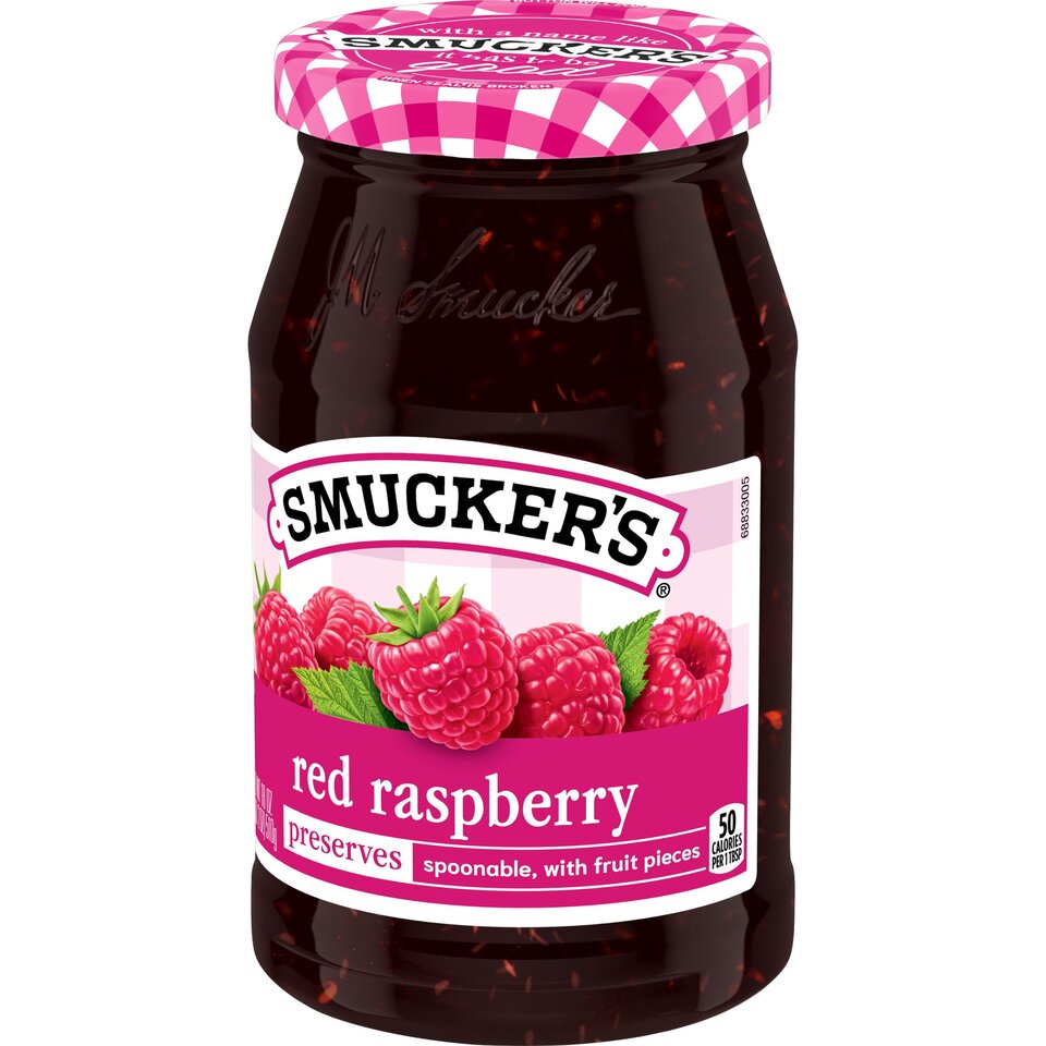 Red Raspberry Preserves front right with packaging
