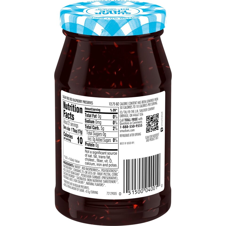 Sugar Free Red Raspberry Preserves back center with packaging