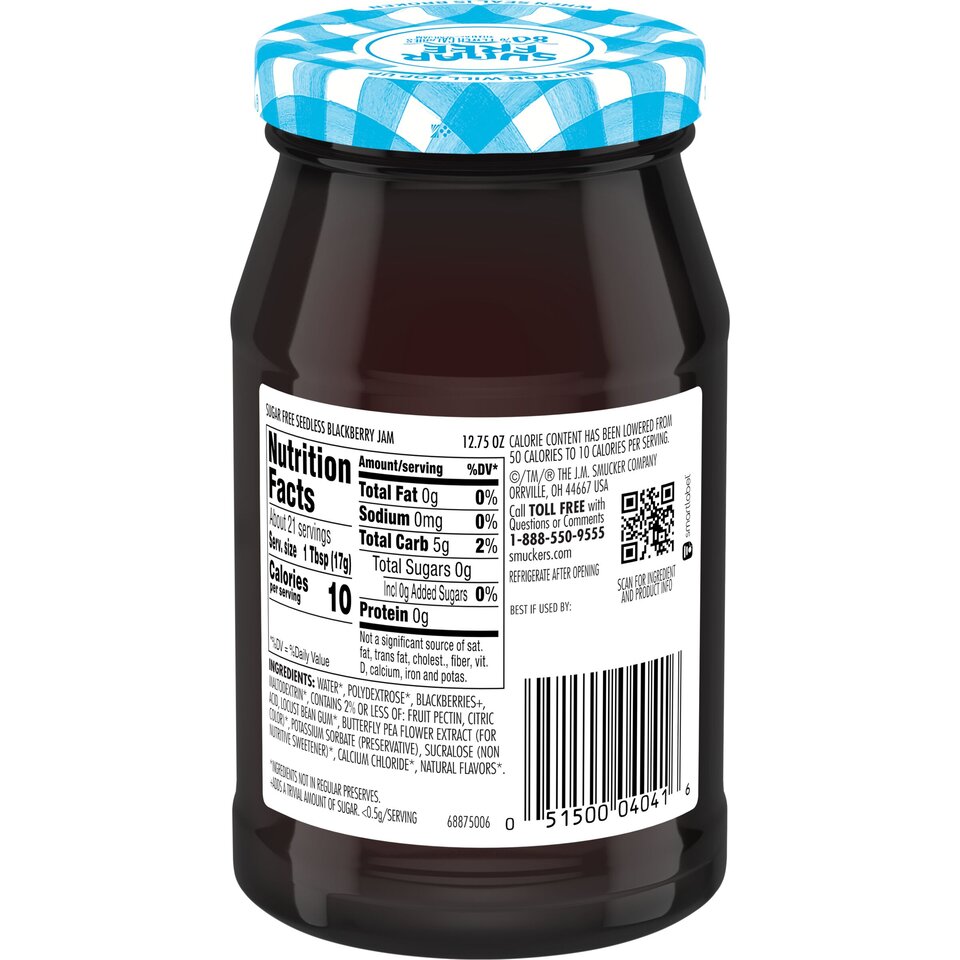 Sugar Free Seedless Blackberry Jam back center with packaging