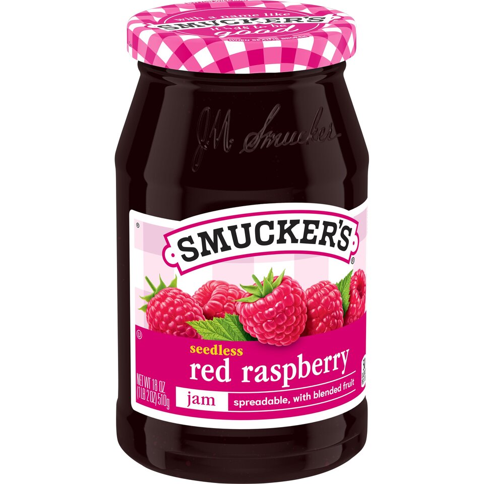 Seedless Red Raspberry Jam front left with packaging
