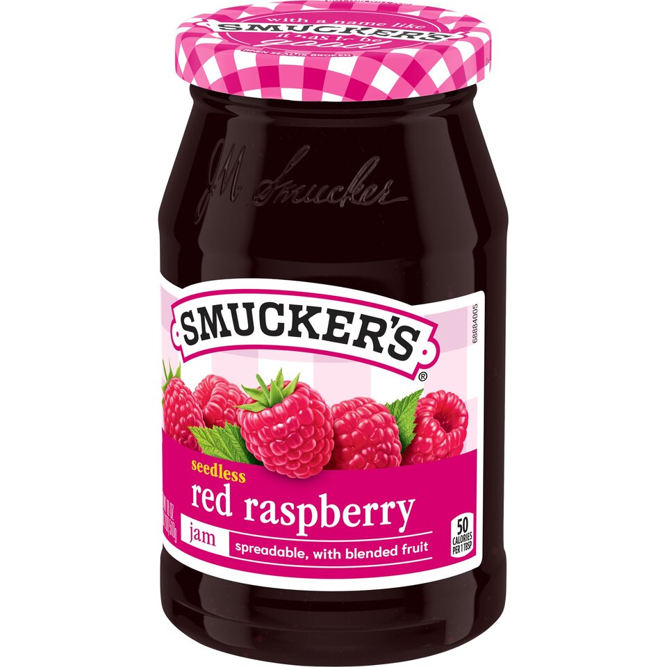 Seedless Red Raspberry Jam front right with packaging