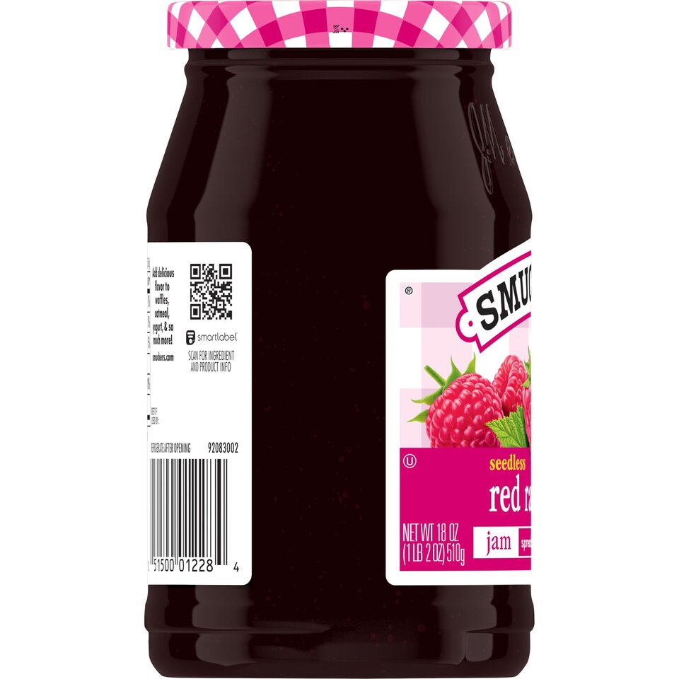 Seedless Red Raspberry Jam left with packaging