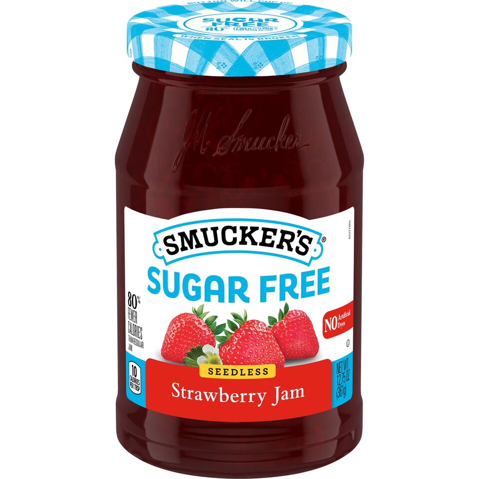 Sugar Free Seedless Strawberry Jam front center with packaging