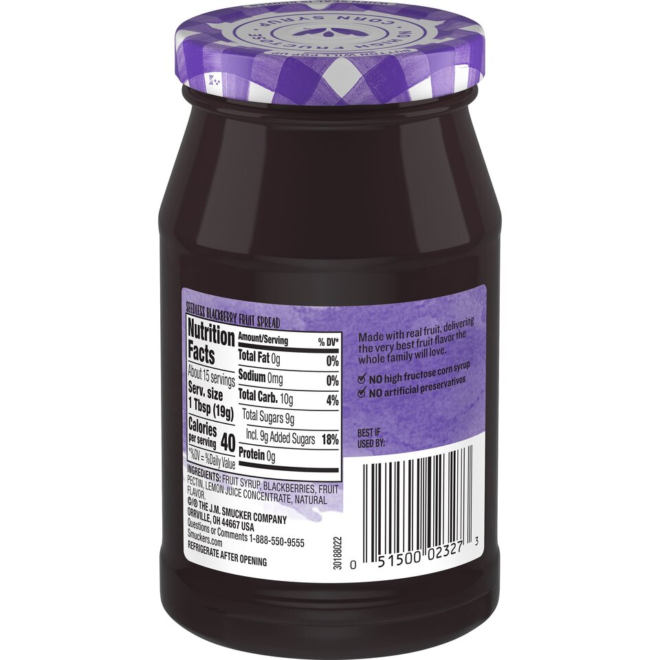 Simply Fruit® Seedless Blackberry Fruit Spread back center with packaging