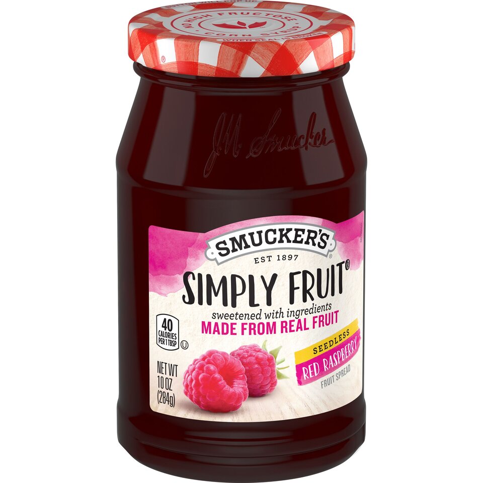Simply Fruit® Seedless Red Raspberry Fruit Spread front left with packaging