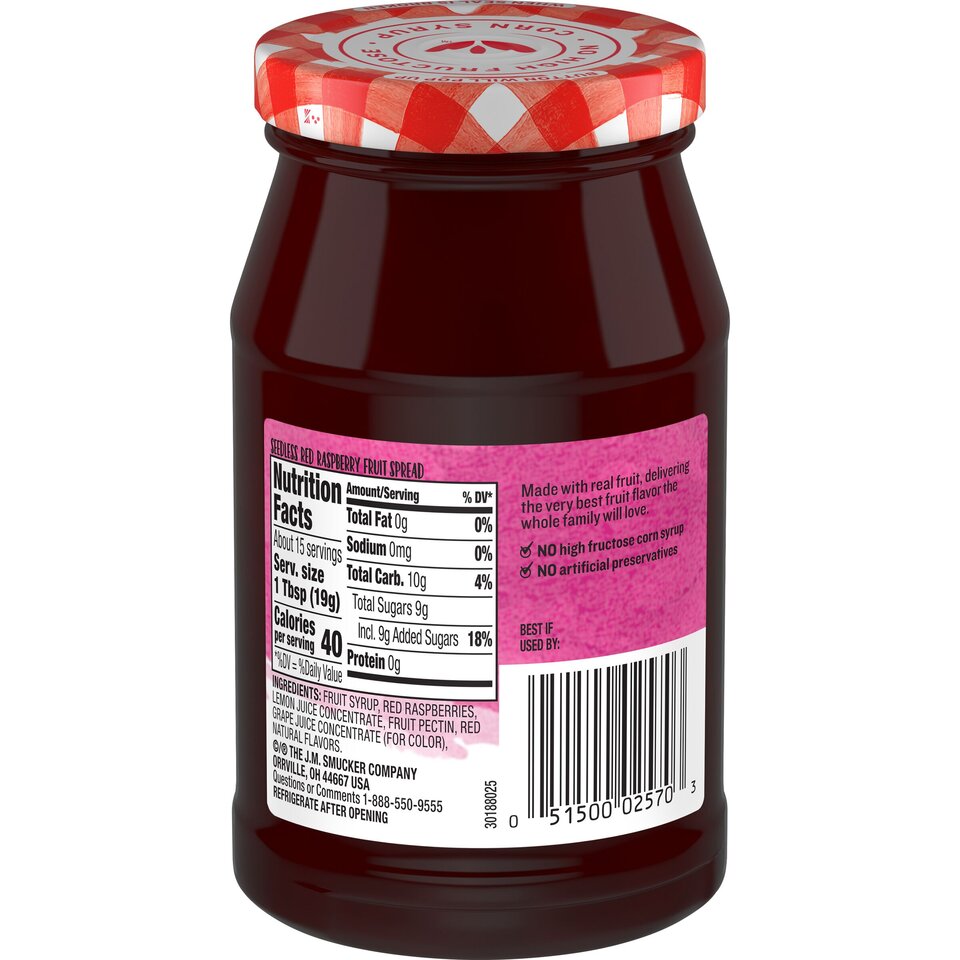 Simply Fruit® Seedless Red Raspberry Fruit Spread back center with packaging