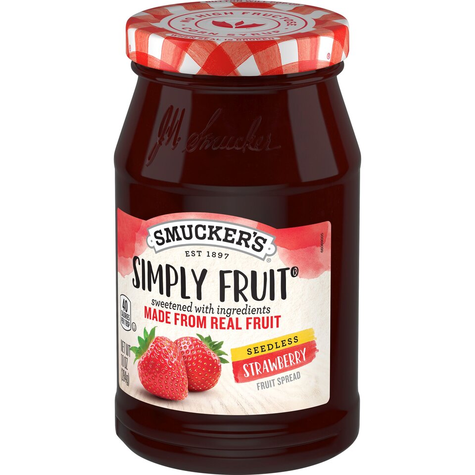 Simply Fruit® Seedless Strawberry Fruit Spread front right with packaging