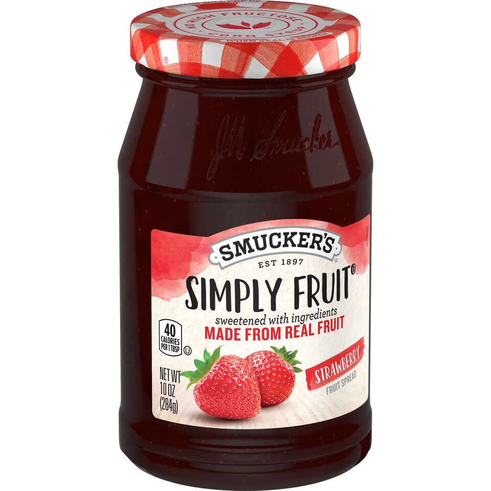 Simply Fruit® Strawberry Fruit Spread front left with packaging
