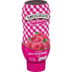 Squeeze™ Seedless Red Raspberry Jam front left with packaging
