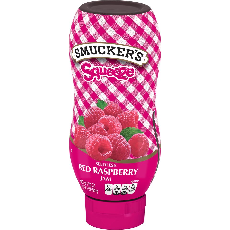 Squeeze™ Seedless Red Raspberry Jam front right with packaging