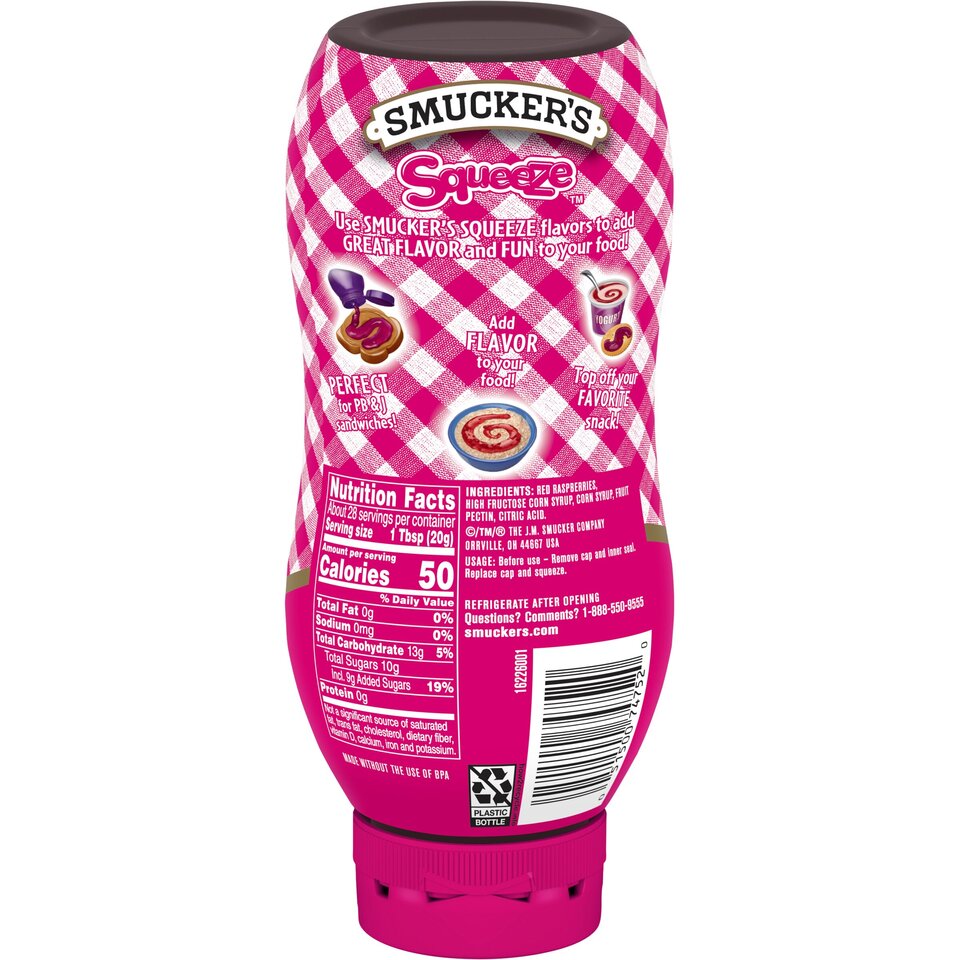 Squeeze™ Seedless Red Raspberry Jam back center with packaging