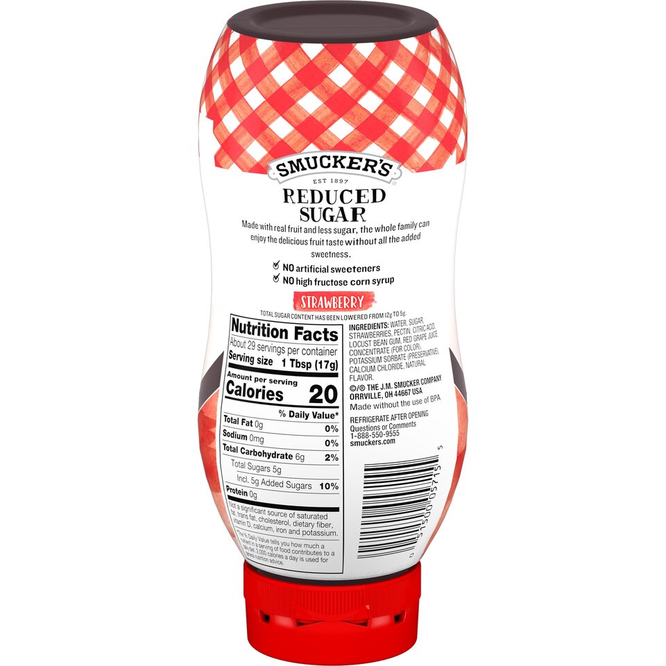 Smucker's® Reduced Sugar Strawberry Squeezable Fruit Spread back center with packaging