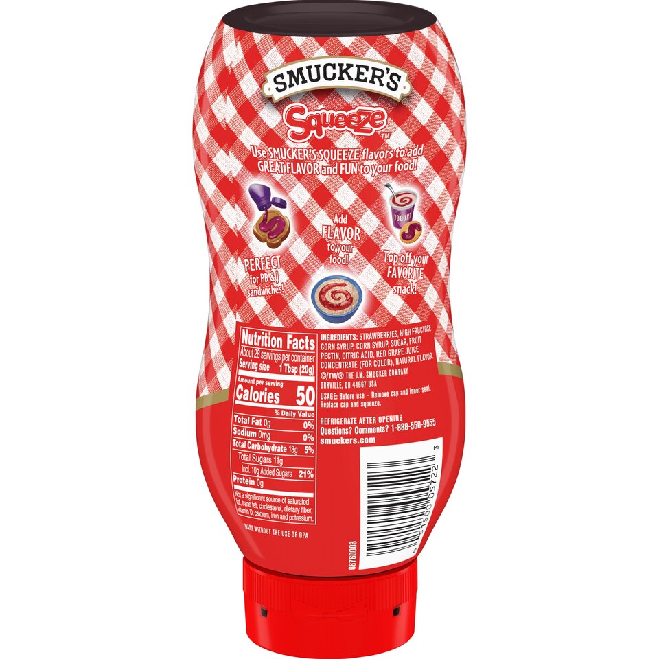 Squeeze™ Strawberry Fruit Spread back center with packaging