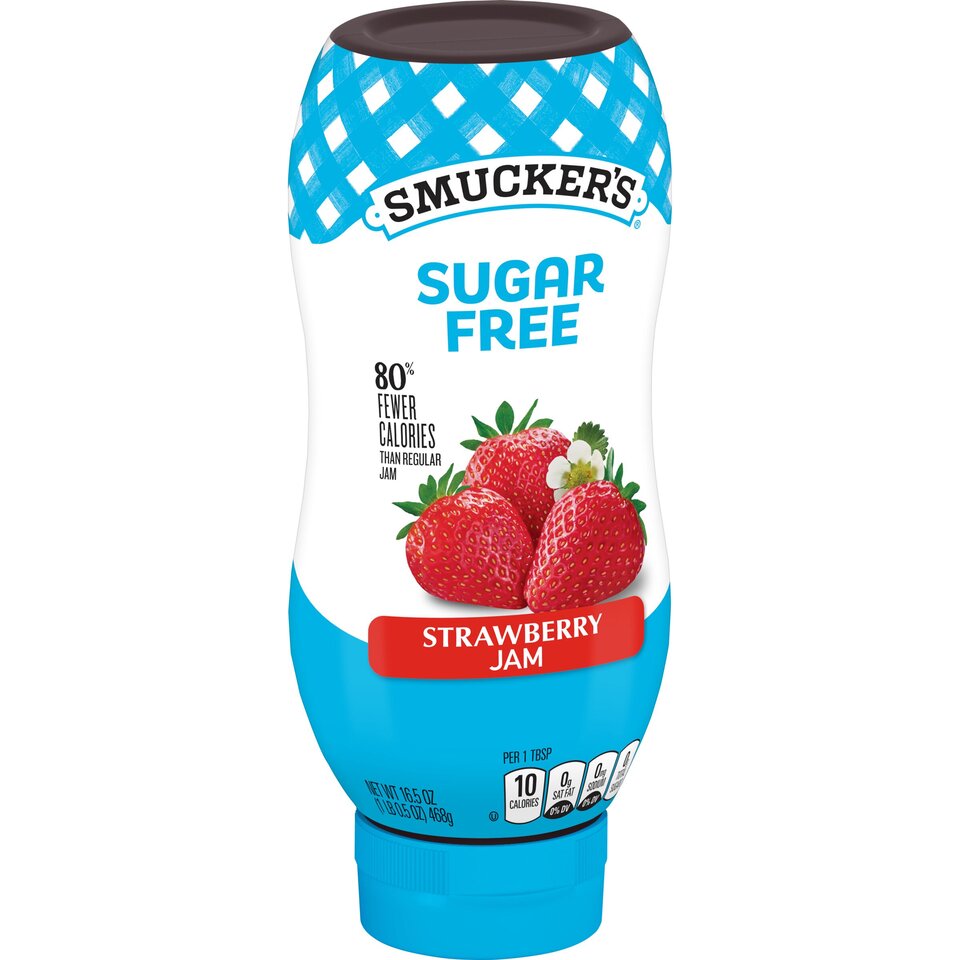 Squeeze Sugar Free Strawberry Jam front left with packaging