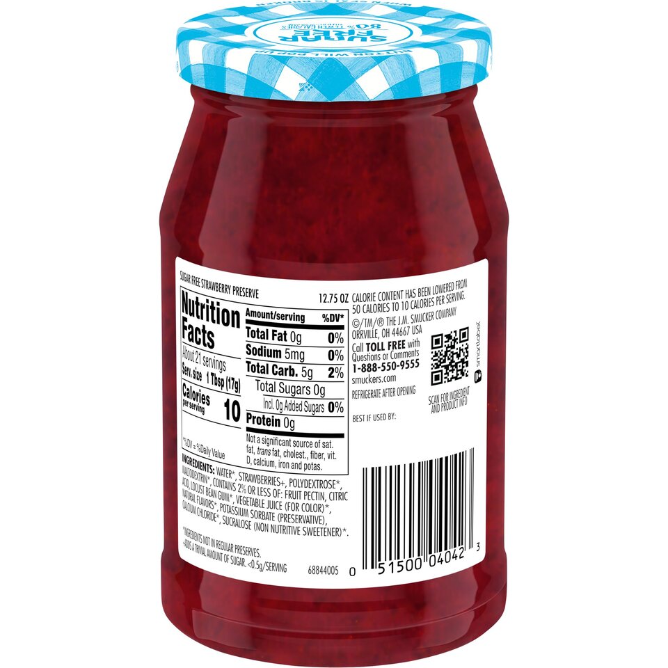 Sugar Free Strawberry Preserves back center with packaging